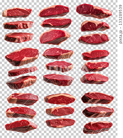 Set of Beef steak, showcasing marbling, isolated on a white background, concept of meat quality and selections 133289539