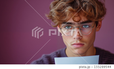 Young student holding document displaying thoughtful concentration against purple wall 133289544