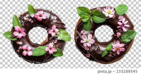 Donut with chocolate glaze decorated with colorful edible flowers and mint leaves, isolated on a white background. Donut with chocolate glaze decorated with colorful edible flowers and mint leaves, isolated on a white background. 133289545