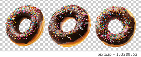 Tasty donut covered in glossy chocolate glaze with vibrant sprinkles isolated on white background. Tasty donut covered in glossy chocolate glaze with vibrant sprinkles isolated on white background. 133289552