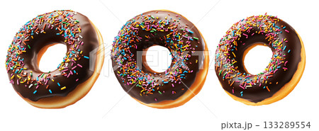 Tasty donut covered in glossy chocolate glaze with vibrant sprinkles isolated on white background. Tasty donut covered in glossy chocolate glaze with vibrant sprinkles isolated on white background. 133289554