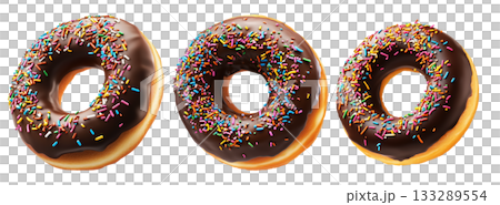 Tasty donut covered in glossy chocolate glaze with vibrant sprinkles isolated on white background. Tasty donut covered in glossy chocolate glaze with vibrant sprinkles isolated on white background. 133289554