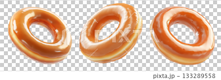 Tasty round donut topped with caramel and vanilla glaze swirl, isolated on white transparent background 133289558