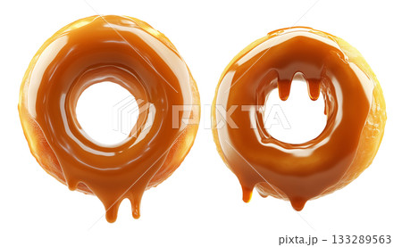 Tasty round donut topped with caramel and vanilla glaze swirl, isolated on white transparent background Tasty round donut topped with caramel and vanilla glaze swirl, isolated on white transparent background 133289563