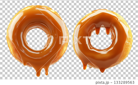 Tasty round donut topped with caramel and vanilla glaze swirl, isolated on white transparent background Tasty round donut topped with caramel and vanilla glaze swirl, isolated on white transparent background 133289563