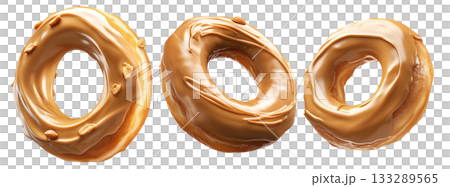 Tasty caramel-glazed donut topped with crunchy nuts, isolated on white transparent background Tasty caramel-glazed donut topped with crunchy nuts, isolated on white transparent background 133289565