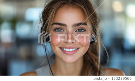 Young woman smiling with headphones in natural light, authentic lifestyle portrait Young woman smiling with headphones in natural light, authentic lifestyle portrait 133289566