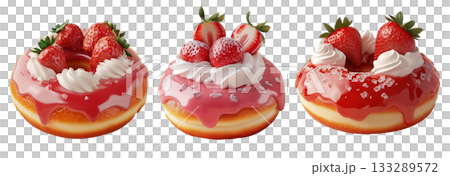 Donut topped with pink strawberry glaze, whipped cream, and fresh strawberries, isolated on white transparent background 133289572