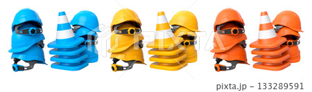 Stack of construction helmets and traffic cones isolated white background with clipping path, representing safety equipment 133289591