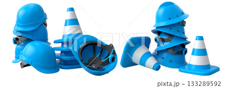 Stack of construction helmets and traffic cones isolated white background with clipping path, representing safety equipment 133289592