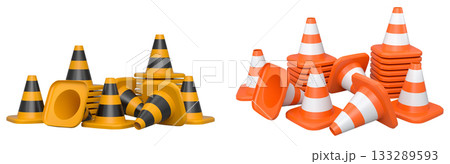 Traffic safety cones with white stripes, isolated on white background with clipping path. Concept of road safety equipment 133289593
