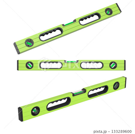 Set of bubble spirit levels with black handles on white background with clipping path, representing construction tools Set of bubble spirit levels with black handles on white background with clipping path, representing construction tools 133289600