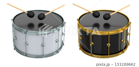 Set of drums and wooden drum sticks on white. 3d render of musical instrument 133289662