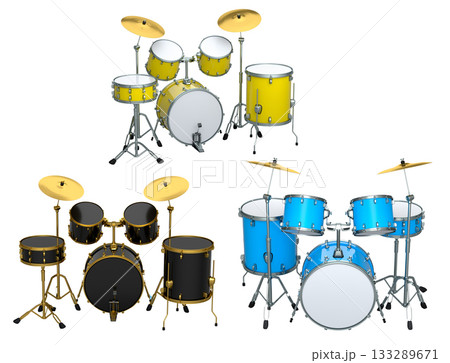 Set of realistic drums with metal cymbals or drumset on white background 133289671
