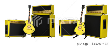 Set of amplifier with acoustic guitar isolated on white background. 133289678