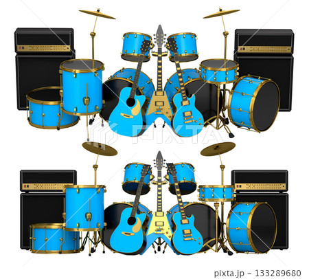 Set of realistic drums with metal cymbals or drumset and amplifier on white 133289680