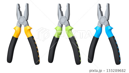 Set of steel pliers with black rubber grips and colorful handles shown isolated on white background, construction tool concept 133289682