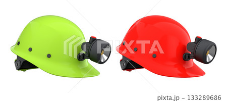Protective helmets with mounted LED headlamps isolated on white background with clipping path, safety construction equipment Protective helmets with mounted LED headlamps isolated on white background with clipping path, safety construction equipment 133289686