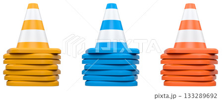 Traffic safety cones with white stripes, isolated on white background with clipping path. Concept of road safety equipment 133289692