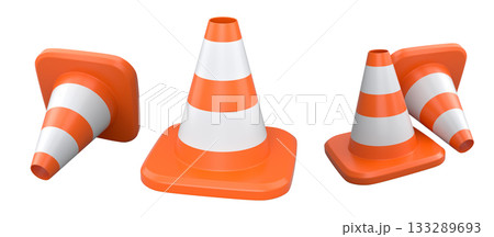 Traffic safety cones with white stripes, isolated on white background with clipping path. Concept of road safety equipment 133289693