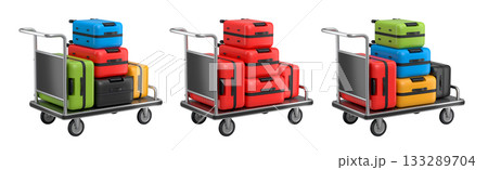 Set of Regular suitcase on hotel trolley cart for carrying baggage on white background 133289704