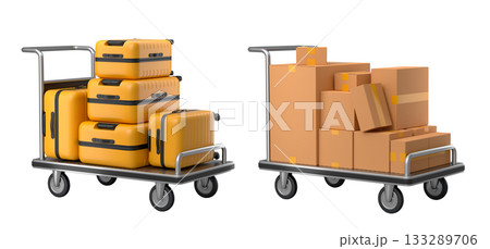 Set of suitcase and boxes on airport trolley cart for carrying baggage on white background Set of suitcase and boxes on airport trolley cart for carrying baggage on white background 133289706