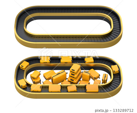 Set of Airport luggage conveyor belt or baggage claim area with suitcases on white. 133289712