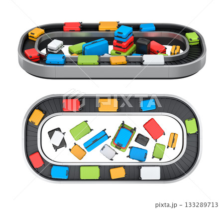 Set of Airport luggage conveyor belt or baggage claim area with suitcases on white. Set of Airport luggage conveyor belt or baggage claim area with suitcases on white. 133289713