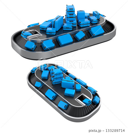 Set of Airport luggage conveyor belt or baggage claim area with suitcases on white. 133289714