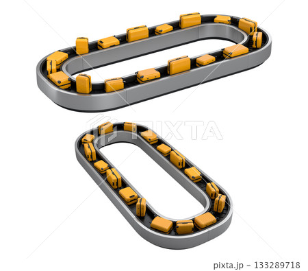 Set of Airport luggage conveyor belt or baggage claim area with suitcases on white. 133289718