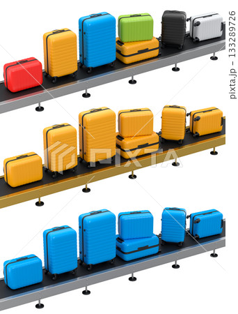 Set of Airport luggage conveyor belt or manufacture line with baggage on white. 133289726