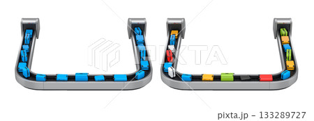 Set of Airport luggage conveyor belt or baggage claim area with suitcases on white. Set of Airport luggage conveyor belt or baggage claim area with suitcases on white. 133289727