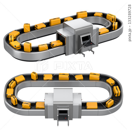 Set of Airport luggage conveyor belt or baggage claim area with suitcases on white. Set of Airport luggage conveyor belt or baggage claim area with suitcases on white. 133289728
