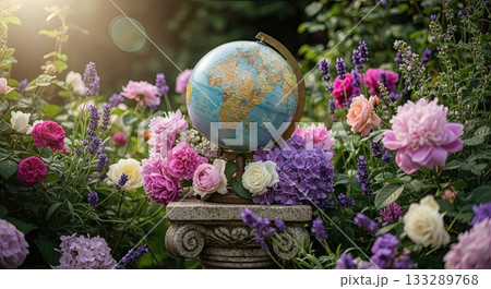 Globe on pedestal with flowers, symbolizing Earth Day, global reverence and delicate nature Globe on pedestal with flowers, symbolizing Earth Day, global reverence and delicate nature 133289768