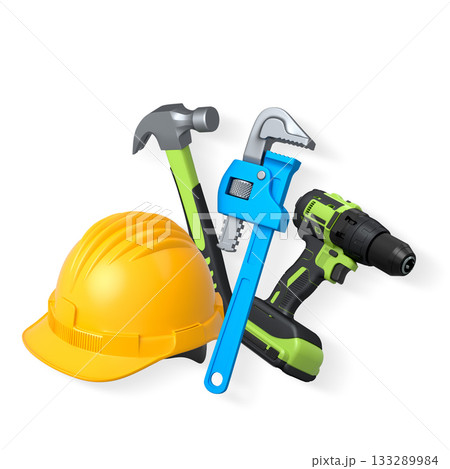 Safety helmet, hammer, pipe wrench, and power drill isolated on white background. Concept of construction tools and safety Safety helmet, hammer, pipe wrench, and power drill isolated on white background. Concept of construction tools and safety 133289984