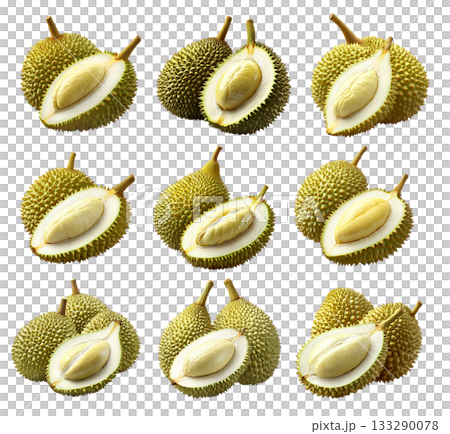 Set of whole durian and one cut, creamy flesh isolated on white transparent background, exotic fruit concept 133290078