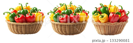 Wicker basket filled with fresh red, yellow, and green bell peppers isolated on white transparent background. Concept of healthy eating, organic vegetables, and nutrition 133290081