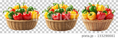 Wicker basket filled with fresh red, yellow, and green bell peppers isolated on white transparent background. Concept of healthy eating, organic vegetables, and nutrition 133290081