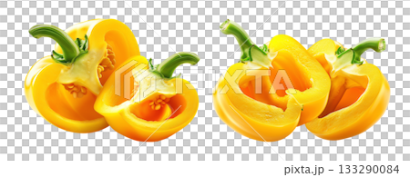 Whole yellow bell pepper with a sliced half showing seeds and texture, isolated on white transparent background. Concept of fresh vegetables and healthy food Whole yellow bell pepper with a sliced half showing seeds and texture, isolated on white transparent background. Concept of fresh vegetables and healthy food 133290084