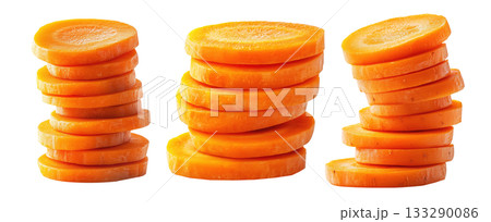 Tower of fresh carrot slices stacked neatly on a transparent background. Concept of healthy eating, nutrition, and vegetarian food presentation 133290086