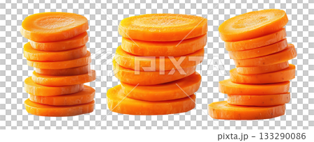 Tower of fresh carrot slices stacked neatly on a transparent background. Concept of healthy eating, nutrition, and vegetarian food presentation 133290086