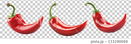Glossy red chili pepper with a curved shape and green stem isolated on transparent background. Concept of spicy food, cooking, and hot flavor Glossy red chili pepper with a curved shape and green stem isolated on transparent background. Concept of spicy food, cooking, and hot flavor 133290089