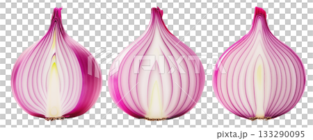Sliced red onion with visible layers isolated on white transparent background, concept of healthy eating. Sliced red onion with visible layers isolated on white transparent background, concept of healthy eating. 133290095