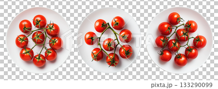 Ripe red cherry tomatoes on the vine placed on white plate against isolated on transparent background. Concept of fresh organic vegetables and healthy eating 133290099