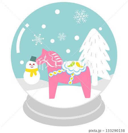 スウェーデンのダーラナホースのスノードーム（北欧風パステル／冬・年賀イラスト） 133290138