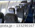 Frankfurt, Germany, June 10, 2019: Premium Economy Cabin with Multiple Seat Rows on a Long Haul Aircraft 133290167
