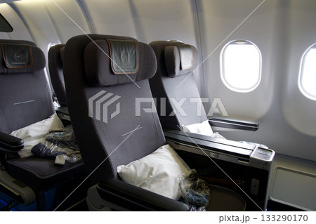Frankfurt, Germany, June 10, 2019: Premium Economy Seats by the Window on a Long Haul Aircraft 133290170