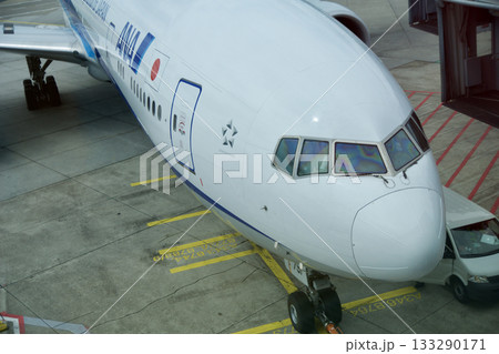Frankfurt, Germany, June 10, 2019: Long Haul Aircraft at the Gate Viewed from the Airport Lounge 133290171