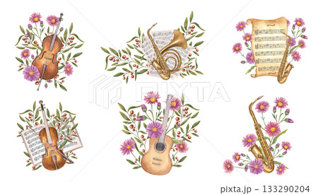 Musical set with contrabass, guitar, violin, saxophone and autumn plants on isolated background. Hand painted music instruments, flowers, note books in vintage style watercolor illustration clip art. 133290204