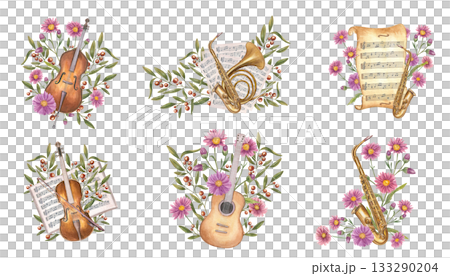 Musical set with contrabass, guitar, violin, saxophone and autumn plants on isolated background. Hand painted music instruments, flowers, note books in vintage style watercolor illustration clip art. 133290204